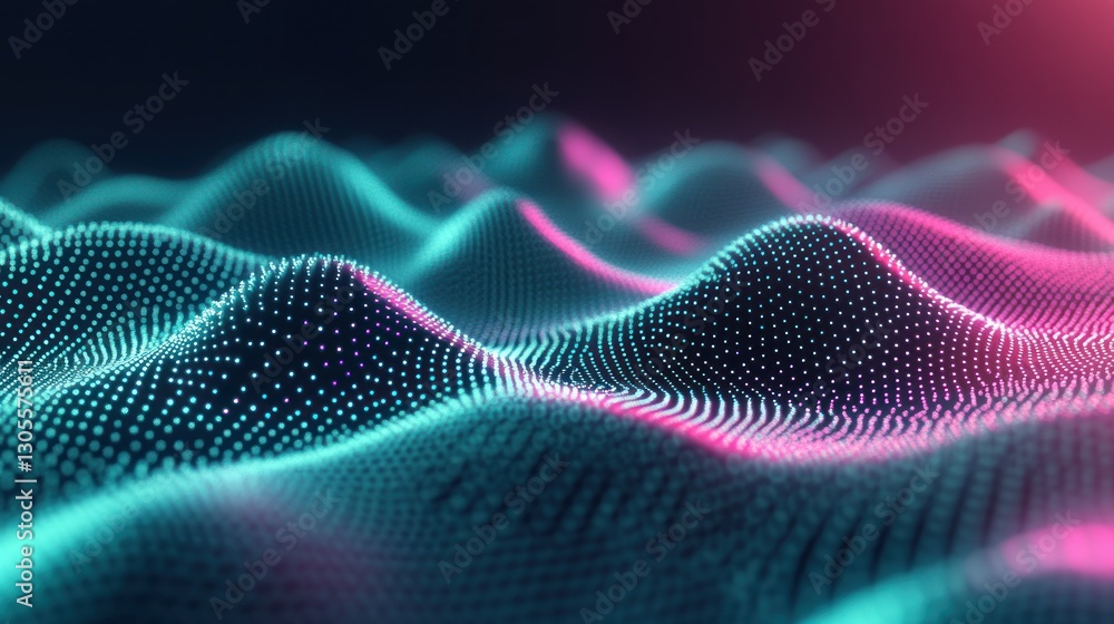 Poster neon blue and pink illuminated particle wave forming abstract shapes