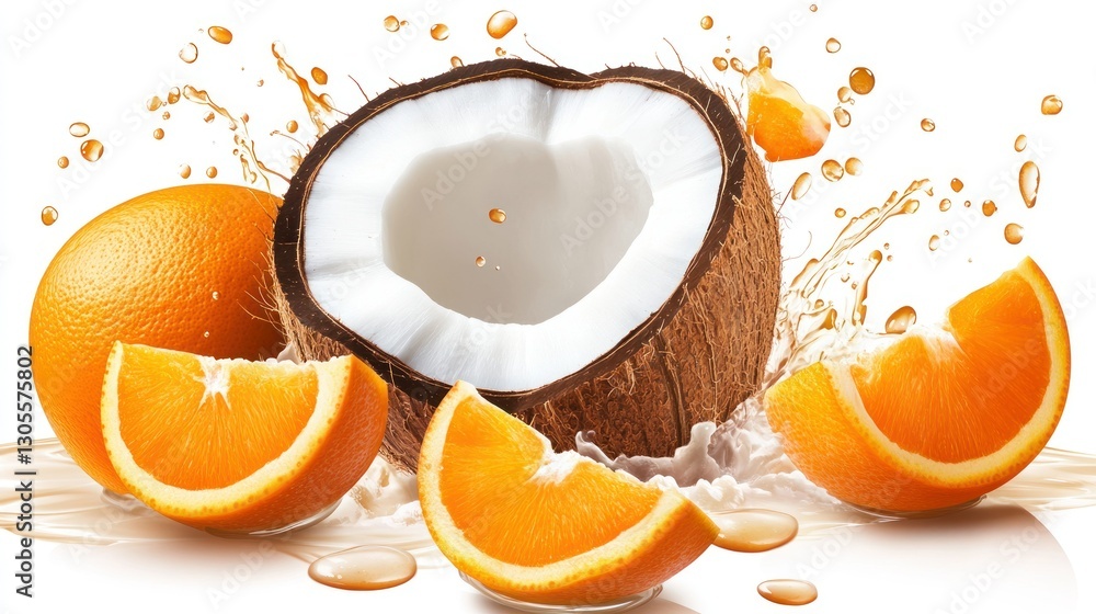 Poster fresh oranges and a coconut are shown with a splash effect