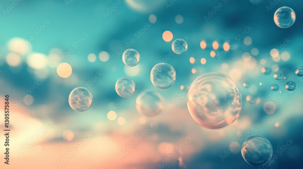Poster transparent bubbles are floating against a blurred sky background