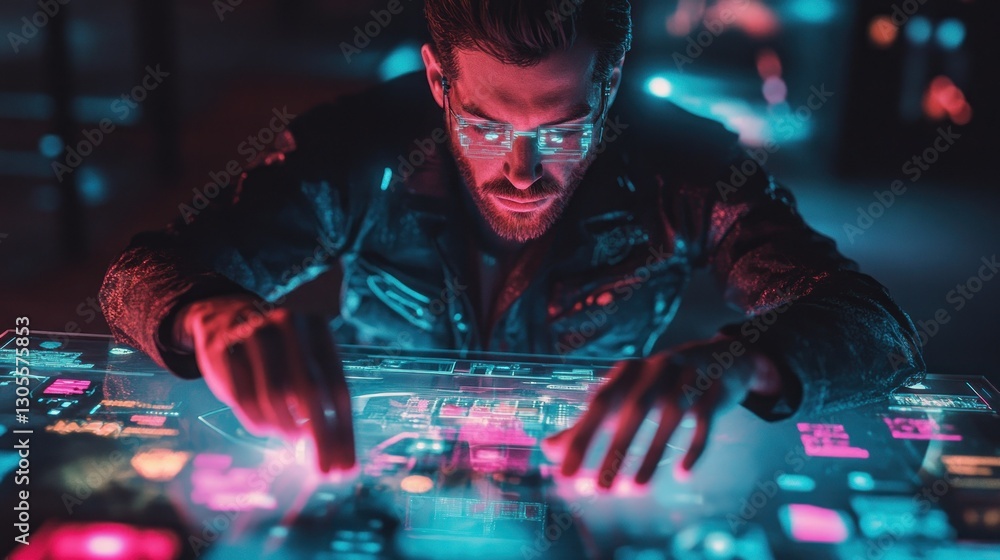 Poster a man is interacting with a futuristic holographic display screen