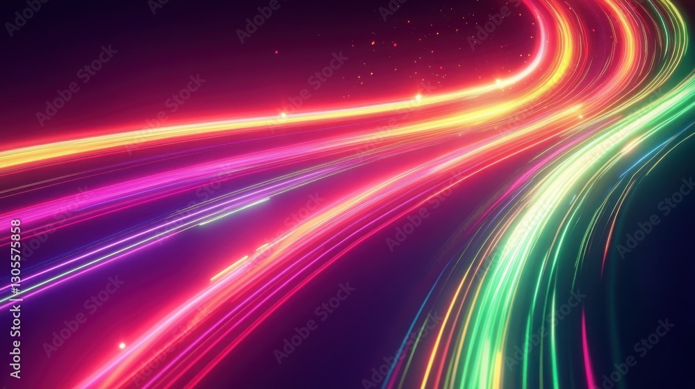 Poster colorful streams of light move across the dark space
