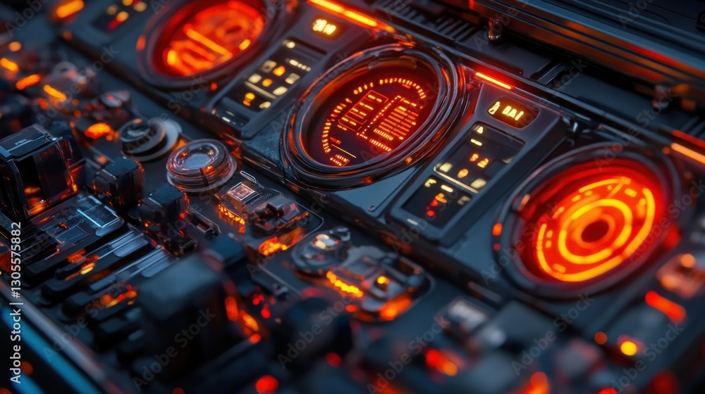 Poster detailed close up view showing futuristic digital control panel design