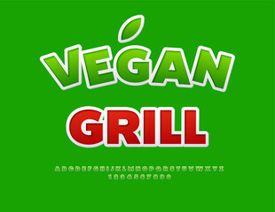Vector Ecologic label Vegan Grill. Classic Green Font. Digital Sticker style Alphabet Letters and Numbers set.