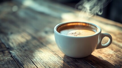 A steaming cup of coffee rests on a wooden table, inviting you to take a sip and savor its aroma.