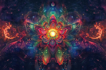 DMT Art of a Cosmic Lotus Flower Blooming in a Psychedelic Galactic Realm