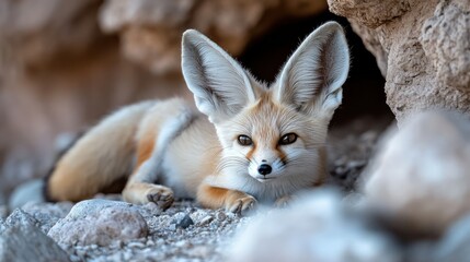 Obraz premium A fennec fox rests and watches from a rocky enclosure outside