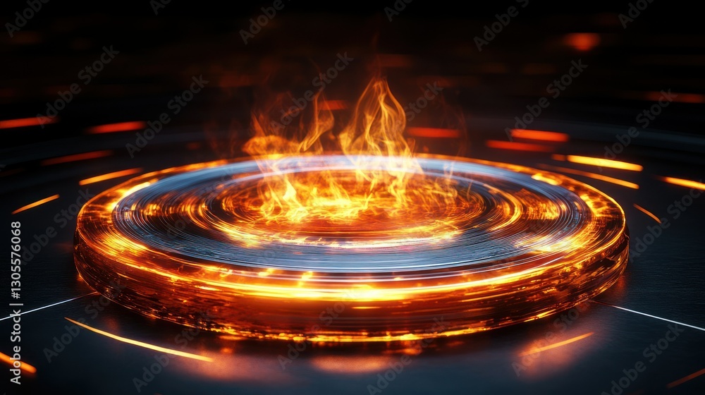 Poster a burning fiery glowing circular futuristic object with flames