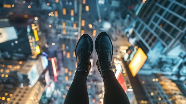 Vertigo from city life. Dramatic high-angle perspective of black boots dangling over a city skyline at night. Video made using Generative AI.