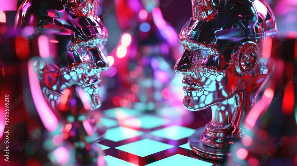 Poster two metallic robot heads facing each other in a neon environment