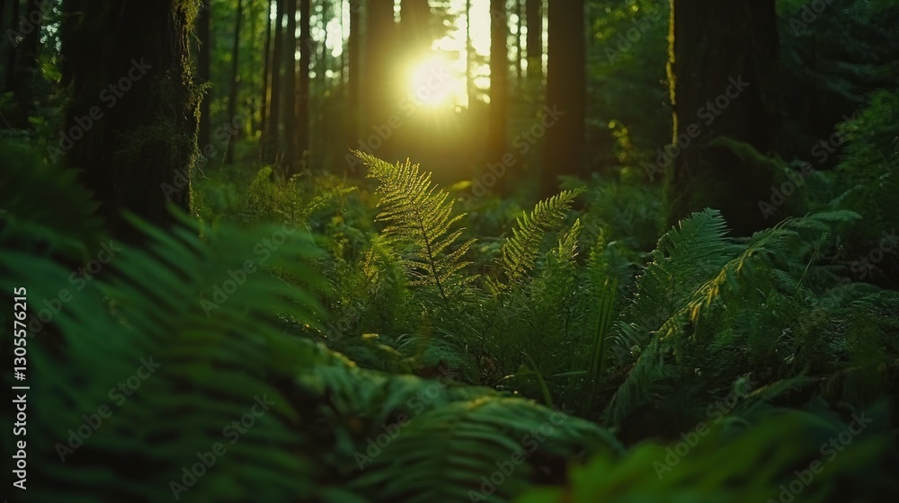 Poster Forest scene displaying ferns with a warm sunlight shining through the trees