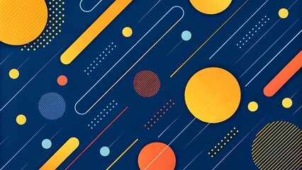 Obraz premium Colorful abstract pattern with vibrant circles and lines creating a modern, playful design in bold, geometric shapes on a dark blue background.