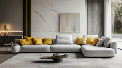 Minimalist living room interior with fabric sofa and yellow pillows
