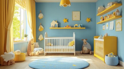 A well-lit child's room with a crib and storage shelves.