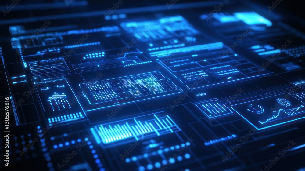 Poster Futuristic digital interface showcasing data processing and analysis in blue