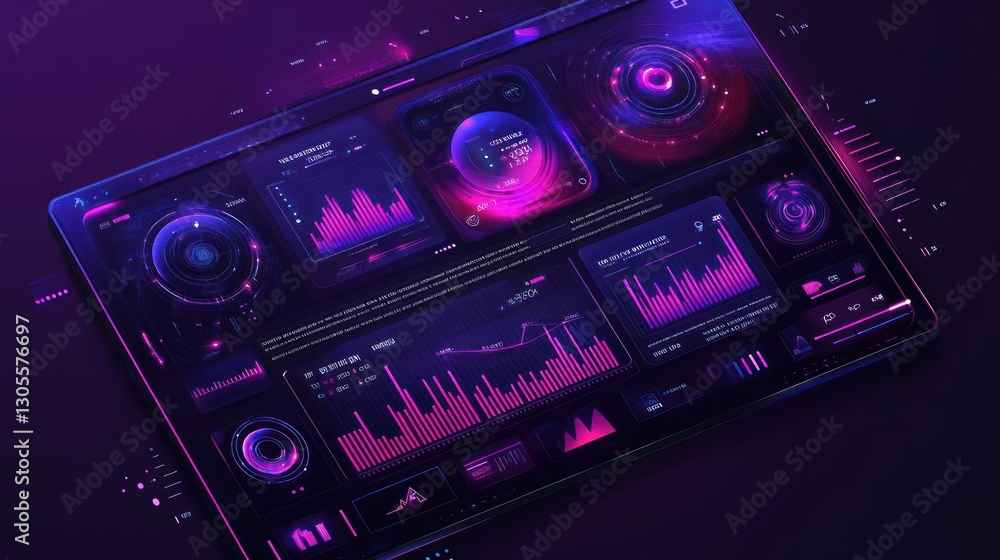 Poster Sophisticated futuristic data analysis graphical user interface displays data sets
