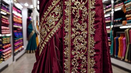 Wide-angle shot of a mannequin in a richly embroidered saree in a vibrant fabric store, capturing the colorful ambiance, like a video still.
