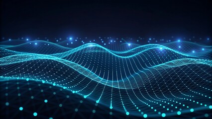 Futuristic wave of digital dots and particles forming a flowing network of data visualization in blue tones on a dark background.