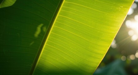 Close-up of Vibrant Green Banana Leaf Illuminated by Sunlight