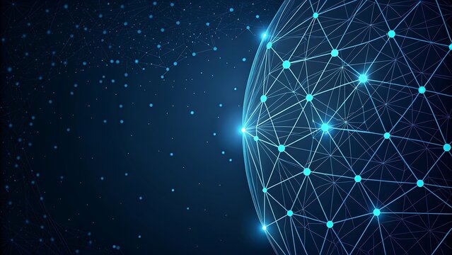 Glowing blue dots connected in a global digital network, forming a futuristic data grid around the Earth, representing connectivity.