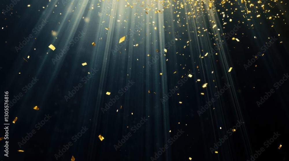Poster golden confetti falling from the light on a dark background