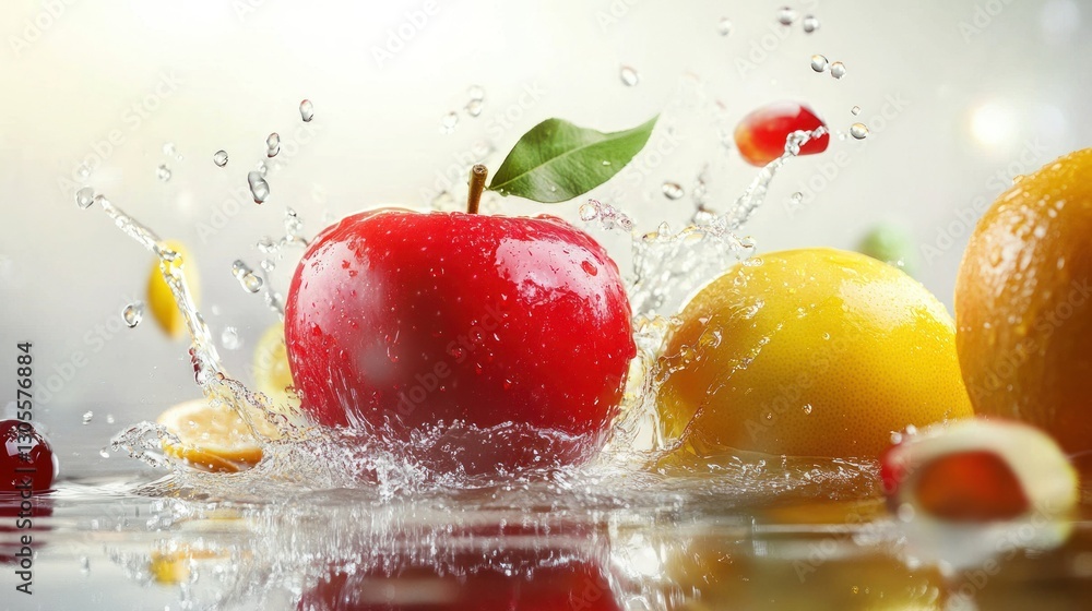 Poster fresh red apple and fruits with water splash and reflection