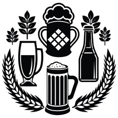 Vintage Beer Mug Collection,Retro Beer Glasses and Barley,Classic Beer Stein Design | Brewery-Themed Artwork.