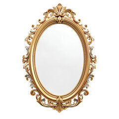 Golden oval Baroque mirror, front view, transparent background 
