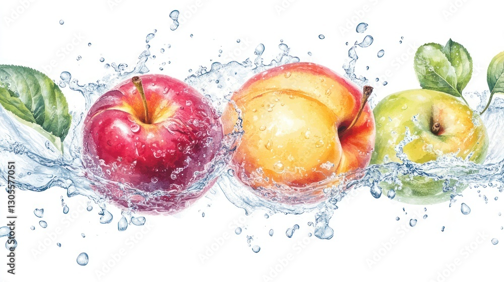 Poster three apples with water splashing on them in the air