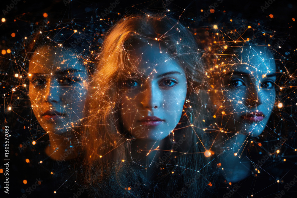Poster three female faces rendered in an artistic digital style with elements of cyberpunk and network tech