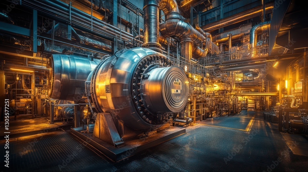 Poster industrial complex featuring a powerful turbine and various pipelines installed