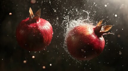 Two Red Pomegranates with Water Splash Displayed on a Dark Background