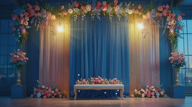 wedding wall background with blue and cream curtains decorated with neatly and beautifully arranged flowers