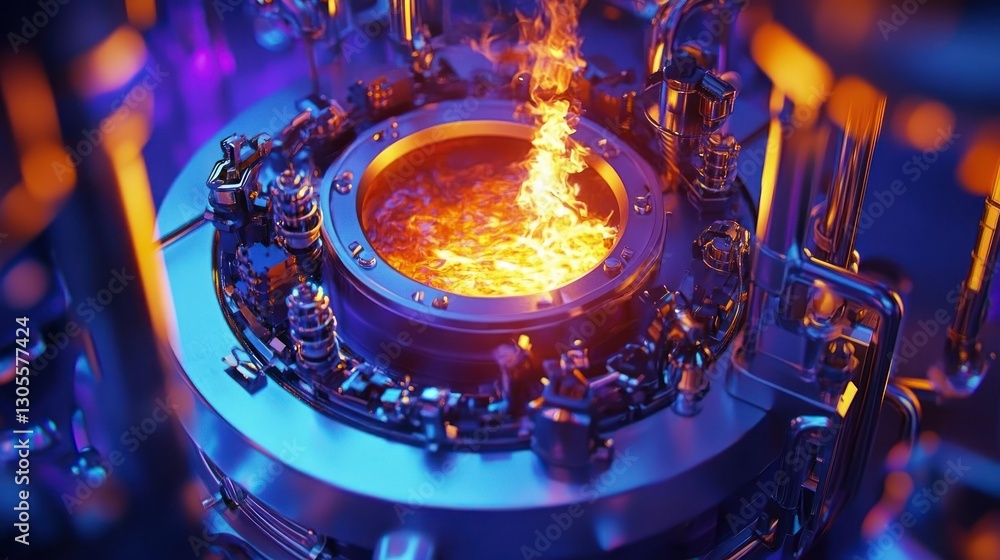 Poster futuristic reactor generating heat and energy with a bright flame