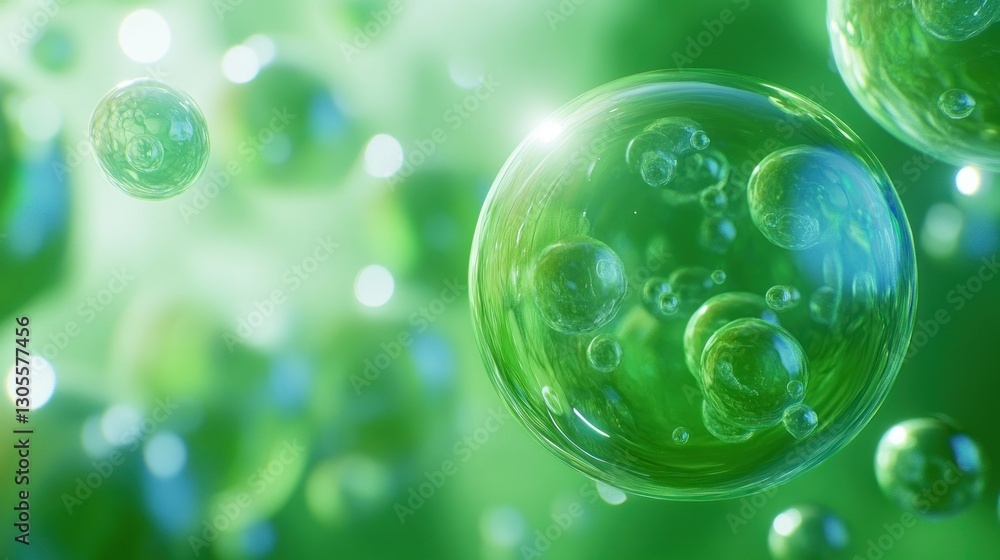 Poster green bubbles and spheres floating against a soft blurred background