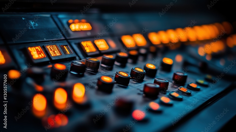 Poster an electronic audio mixer with many knobs and illuminated displays
