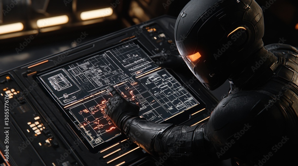 Poster A futuristic figure is studying a computer display carefully