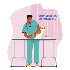 Veterinary doctor cartoon character providing dog anti-rabies vaccination for illness prevention