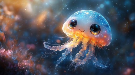A glowing jellyfish with large eyes and bright colors swimming in a magical pastel underwater world. Generative AI