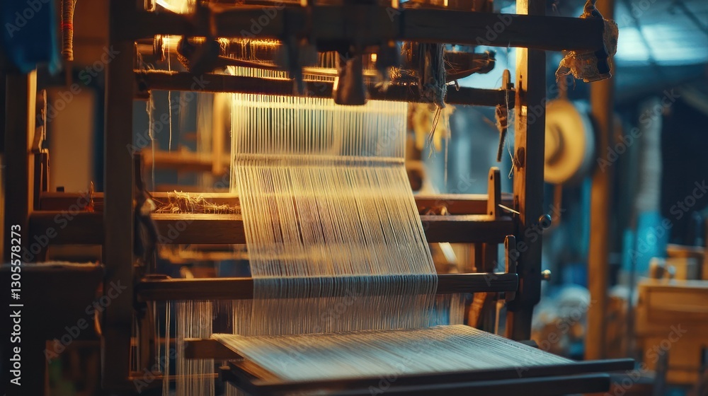 Poster a wooden loom weaving yarn threads creating beautiful fabric patterns