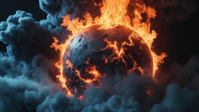 Burning planet engulfed in flames and smoke with a textured surface and glowing embers
