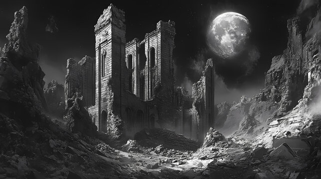 Ruins of truth mainstream media dystopia building. moonstream. illustration. Truth - Stone. Illustration