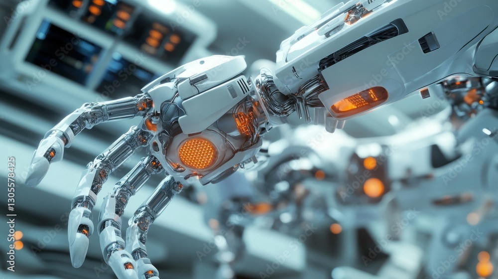 Poster close up of a futuristic robotic hand in a lab