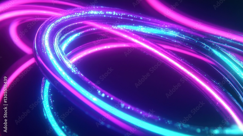 Poster glowing neon tubes that represent technological digital connections and flow