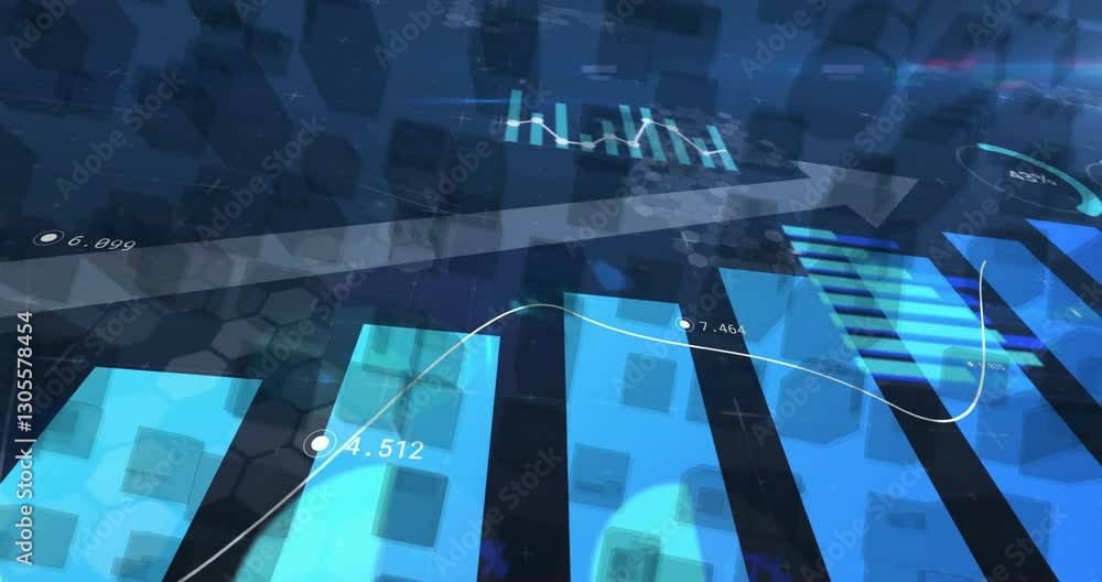 Poster financial data and graphs animation over digital blue background with charts
