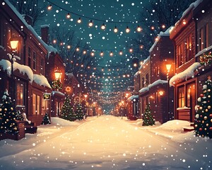 Snowy Village Street, Christmas Lights