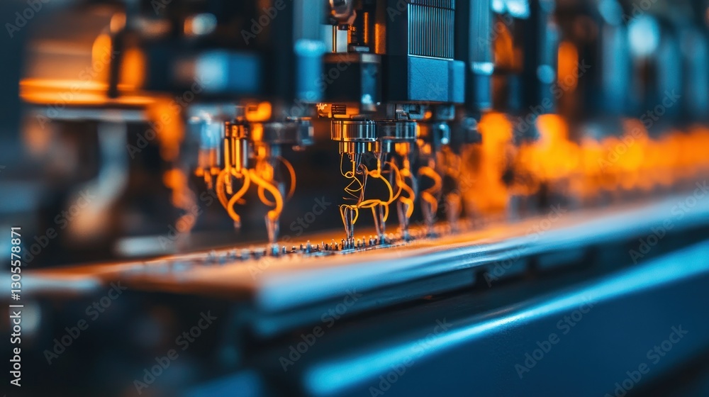 Poster industrial robot arms are performing intricate tasks in a factory