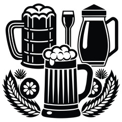 Vintage Beer Mug Collection,Retro Beer Glasses and Barley,Classic Beer Stein Design | Brewery-Themed Artwork.