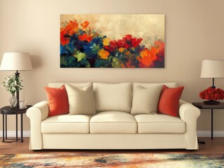 Colorful Abstract Floral Painting Displayed Above a Comfortable Modern Couch