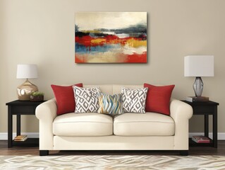 Modern living room furniture arrangement with abstract art above sofa