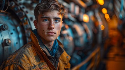 Focused young mechanic with freckles and jacket standing near large engines in a dimly lit workshop at night